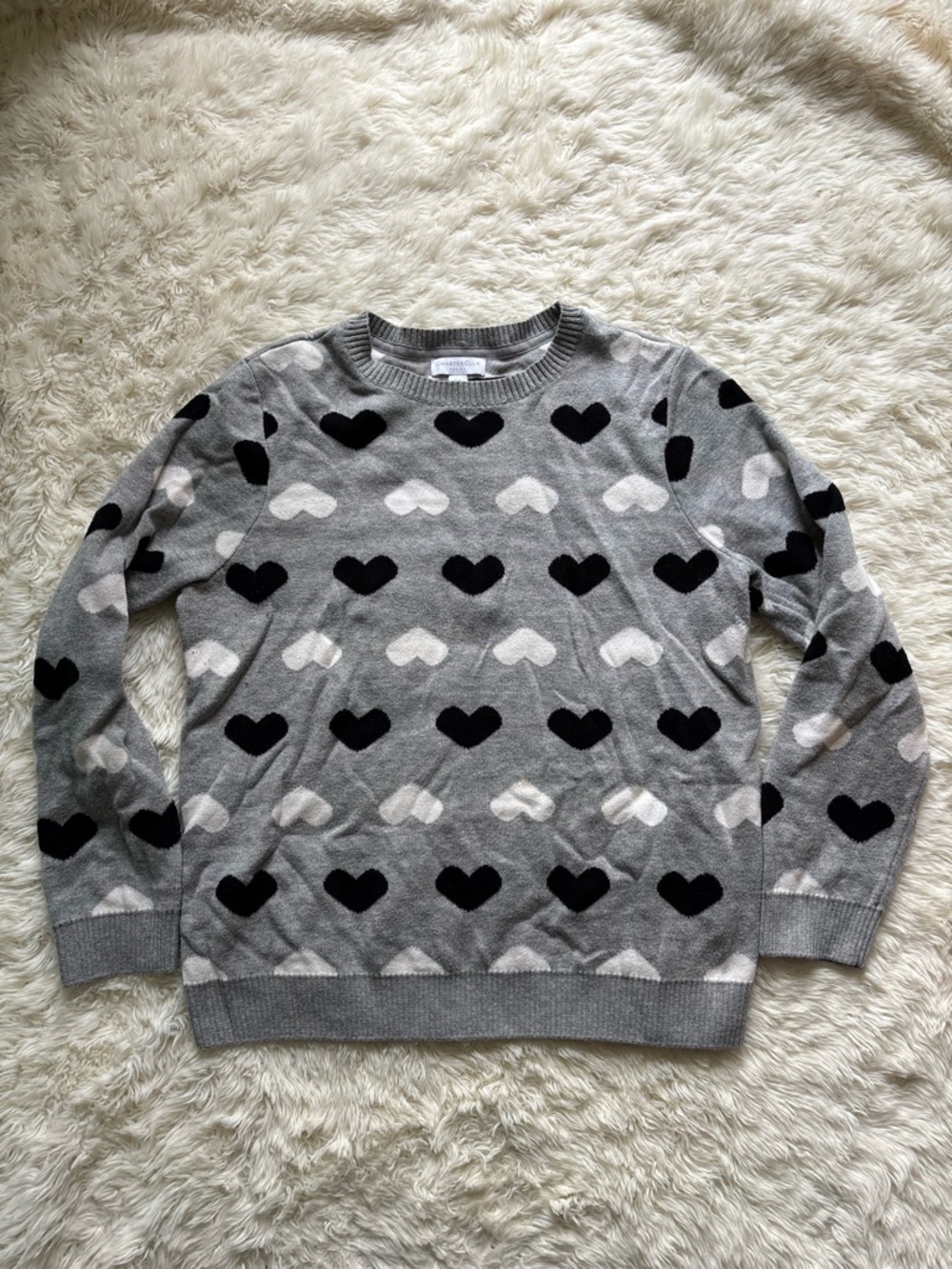 Charter Club Gray Crewneck Sweater with Black & White Heart Pattern